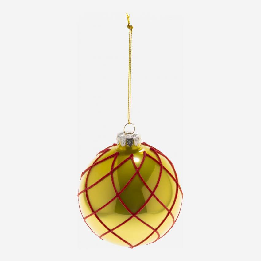 Weihnachtsdekoration - Glaskugel mit rotem Netz - Gold