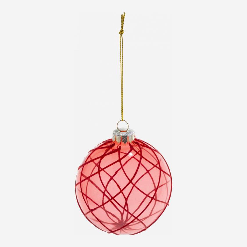 Kerstdecoratie - Glazen kerstbal met rood net - Rood 