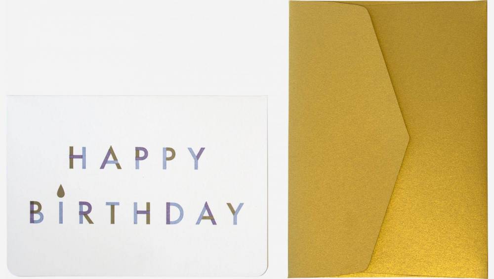 Kaart “Happy birthday” met goudkleurige enveloppe - Design by Floriane Jacques 