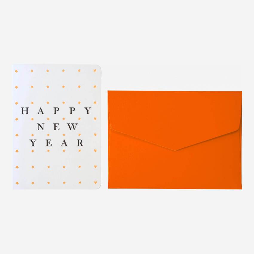 Kaart “Happy New Year” met oranje enveloppe - Design by Floriane Jacques 