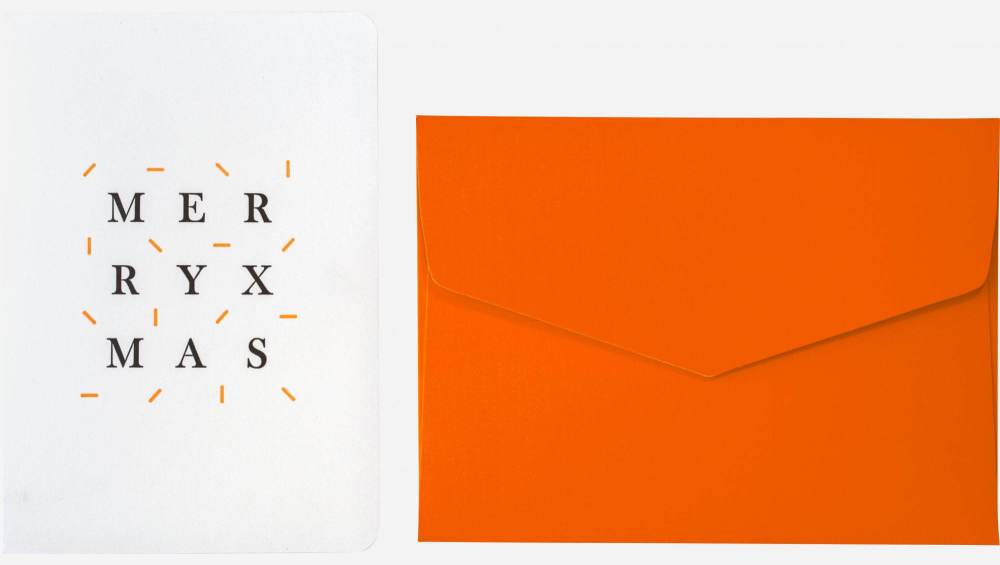 Kaart “Merry Xmas” met oranje enveloppe - Design by Floriane Jacques 