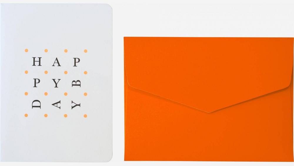 Kaart “Happy birthday” met oranje enveloppe - Design by Floriane Jacques