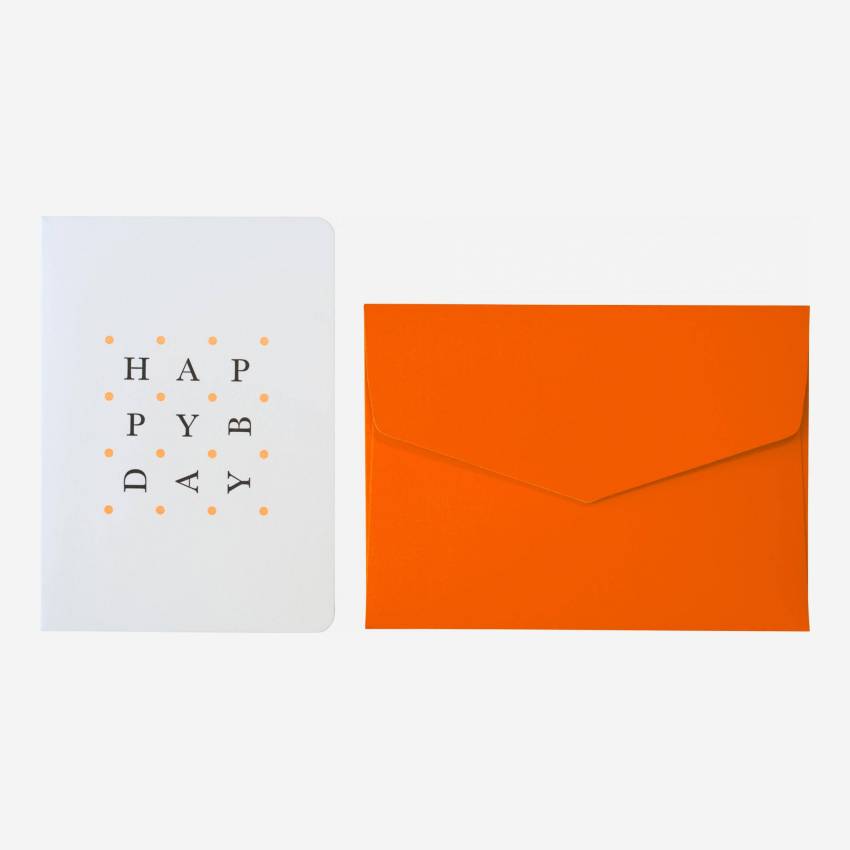 Karte "Happy Birthday" mit orangefarbenem Umschlag - Design by Floriane Jacques